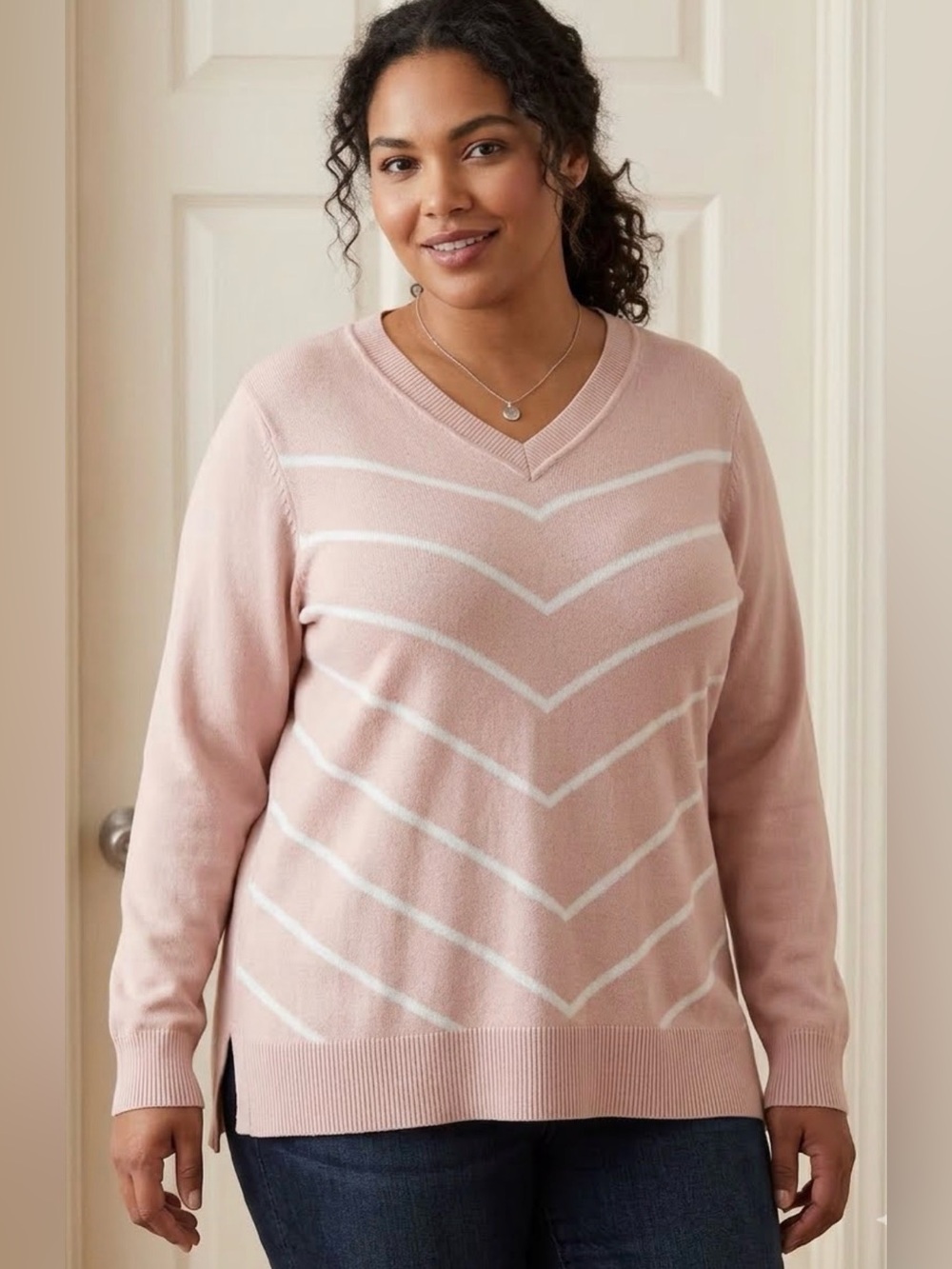 Liz Claiborne 2X Blush Pink V-Neck Striped Sweater